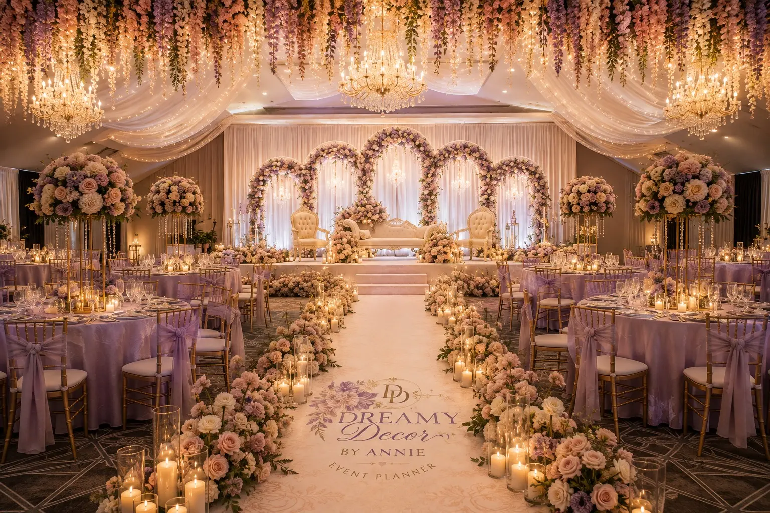 Blush and gold floral wedding stage designed by Dreamy Décor by Annie